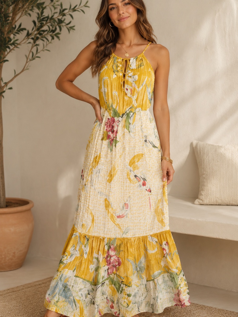 Anthropologies Yellow Floral Maxi Dress with Tie-Neck